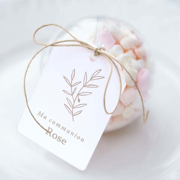 Boîte à dragées Communion boule avec étiquette fanion Église crayonnée rose communion photo