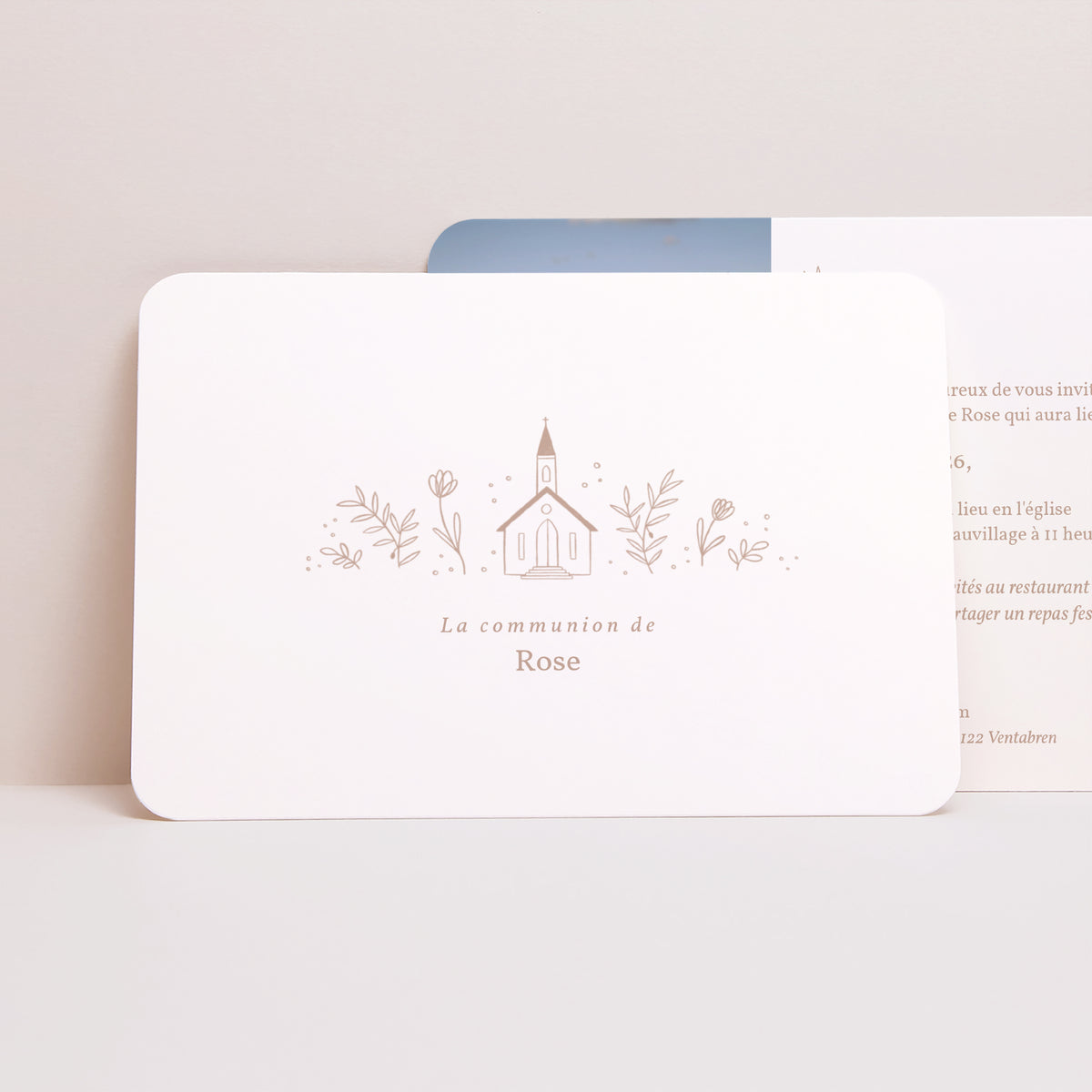 Faire-part Communion Paysage, bords arrondis Église crayonnée rose communion photo