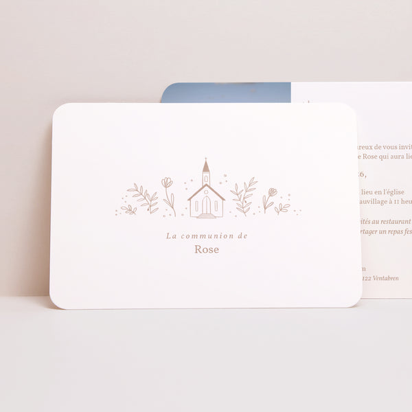 Faire-part Communion Paysage, bords arrondis Église crayonnée rose communion photo