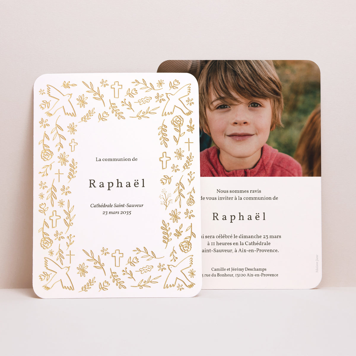 Faire-part Communion Portrait, bords arrondis Motif Doré photo