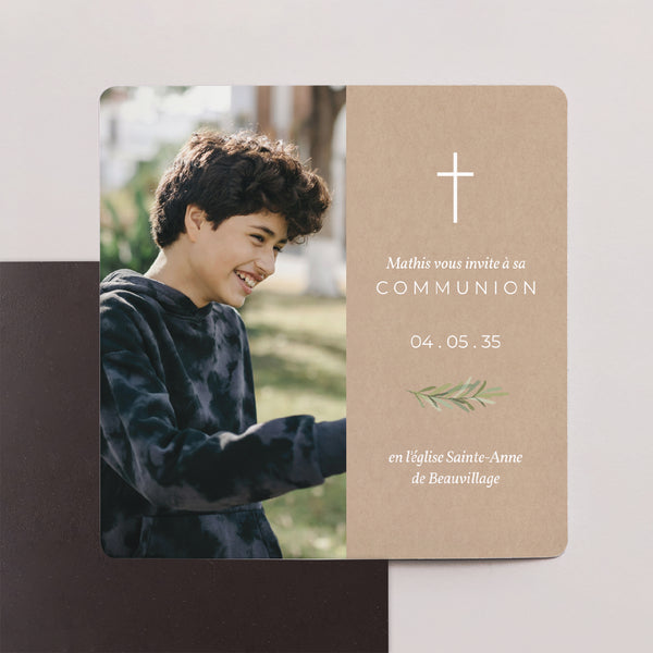 Faire-part Communion Lot de 9, magnétique Imitation Kraft & Brin d'olivier photo