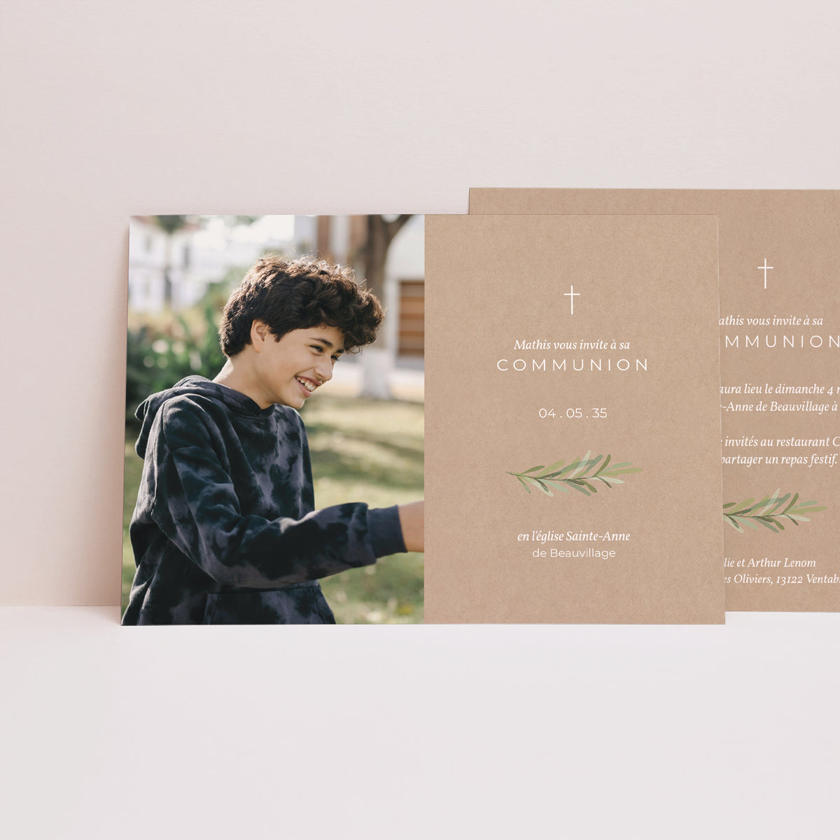 Faire-part Communion Paysage Imitation Kraft & Brin d'olivier photo