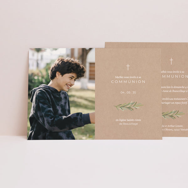 Faire-part Communion Paysage Imitation Kraft & Brin d'olivier photo