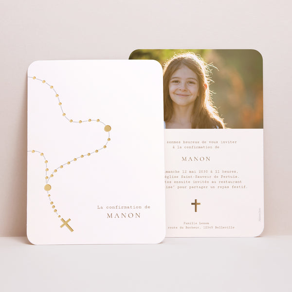 Faire-part Confirmation Portrait, bords arrondis Chapelet Doré photo