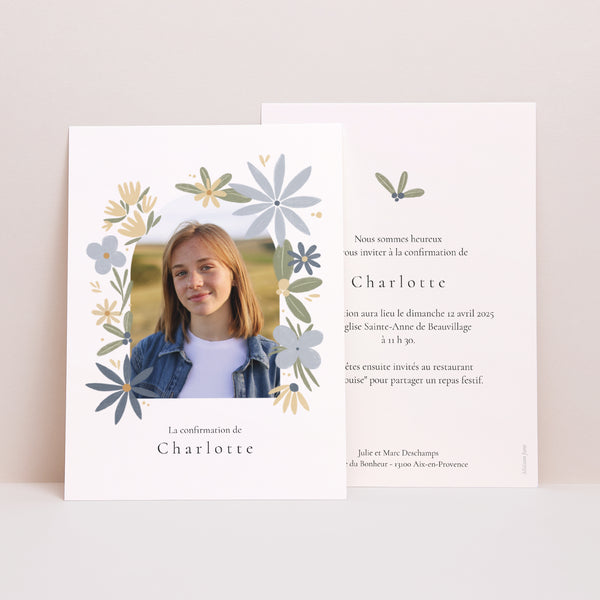 Faire-part Confirmation Portrait Bouquet de fleurs photo