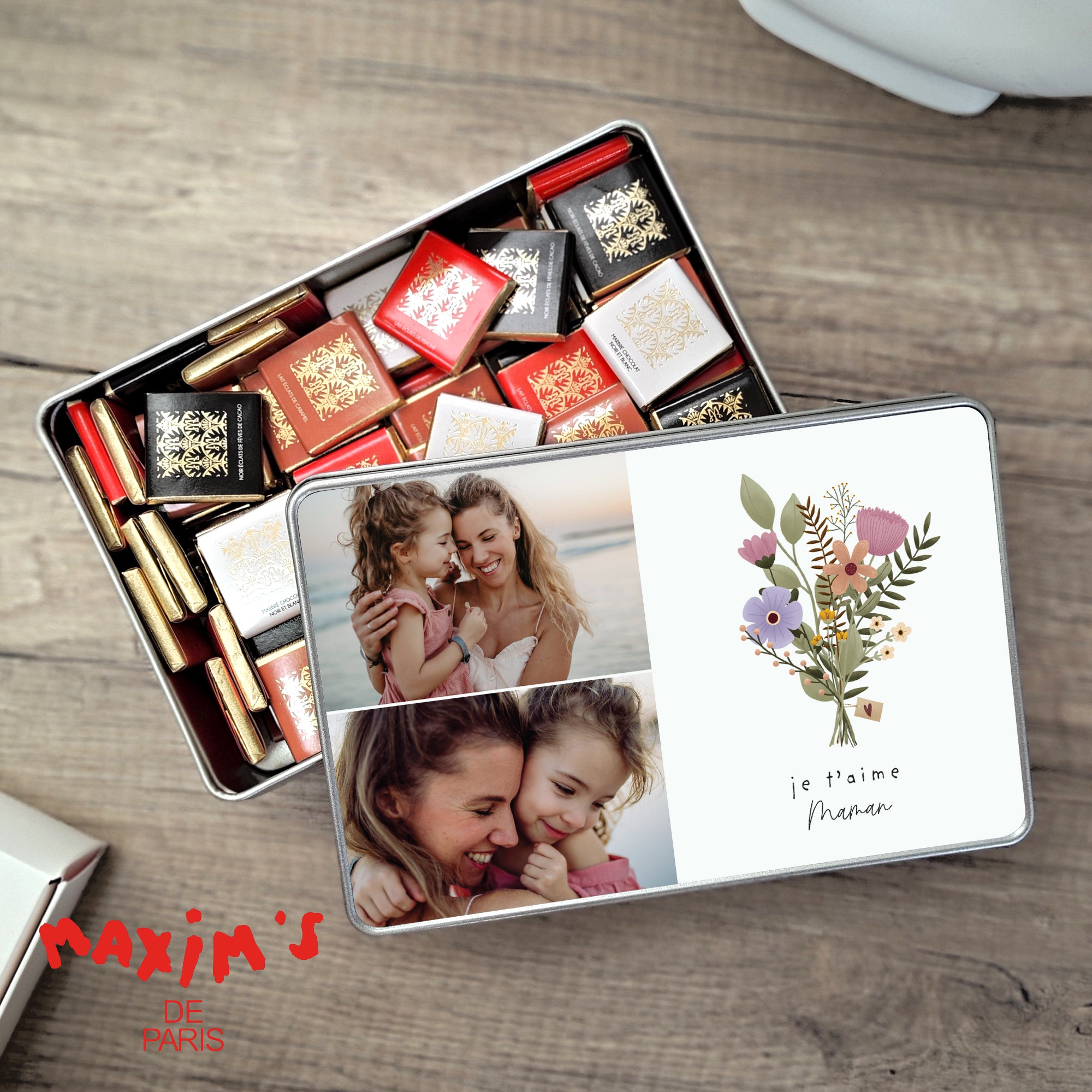 Boite métallique rectangle, garnie de chocolats Bouquet de Fête photo N° 1