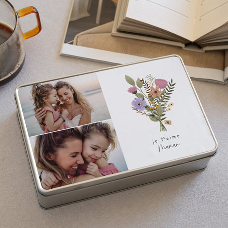 Boite métallique rectangle, garnie de chocolats Bouquet de Fête