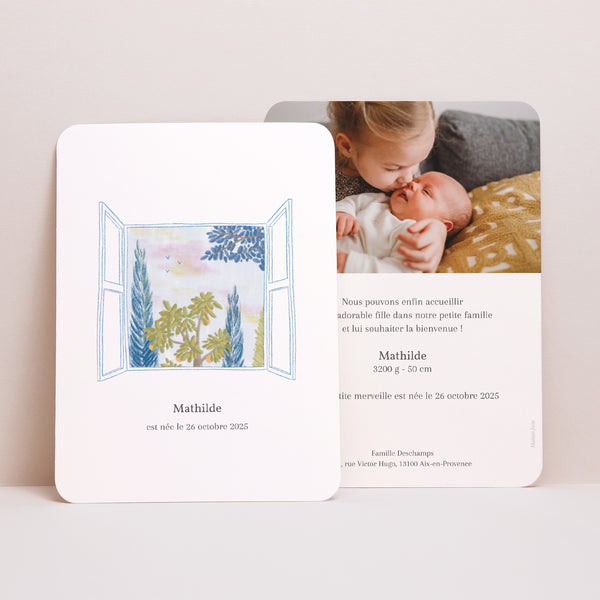 Faire-part Naissance Portrait, bords arrondis Vue du jardin photo