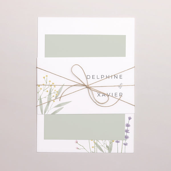 Faire-part Mariage 3 cartes, ruban Champêtre fleuri photo