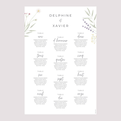 Plan de table Mariage Portrait Champêtre fleuri