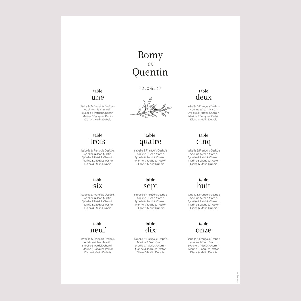 Plan de table Mariage Portrait Branche d'Olivier photo N° 2