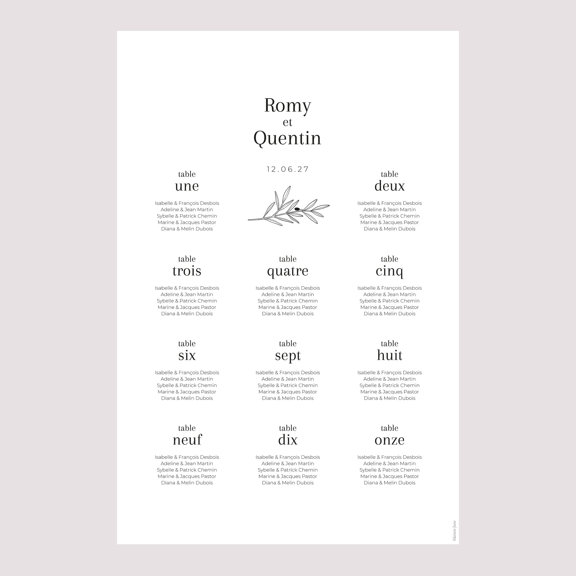 Plan de table Mariage Portrait Branche d'Olivier photo N° 2