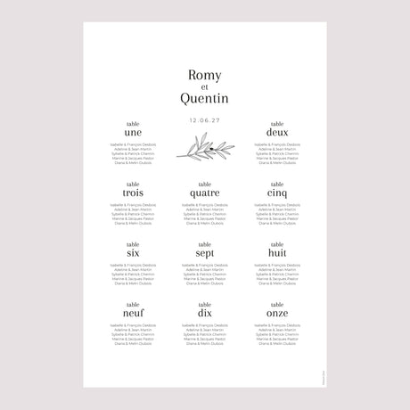Plan de table Mariage Portrait Branche d'Olivier