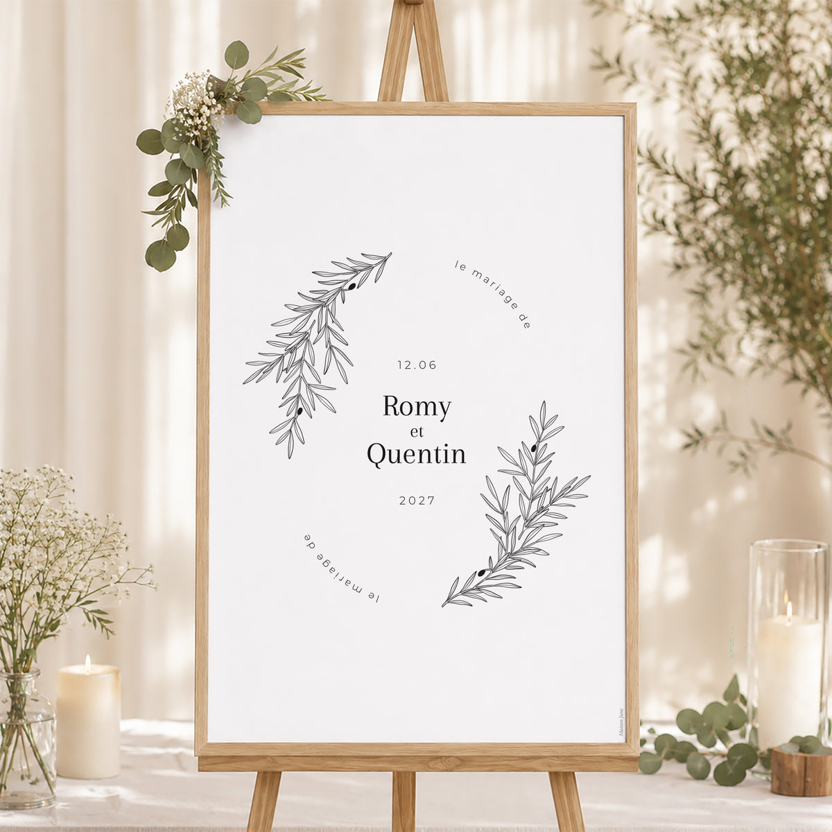 Panneau bienvenue Mariage Portrait 60 x 90 cm Branche d'Olivier photo N° 1