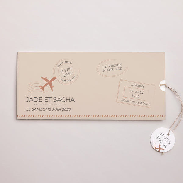 Faire-part Mariage Pochette 2 cartes, étiquette Le Voyage d'une Vie photo