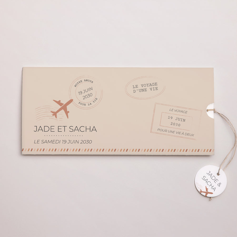 Faire-part Mariage Pochette 2 cartes, étiquette Le voyage d'une vie photo