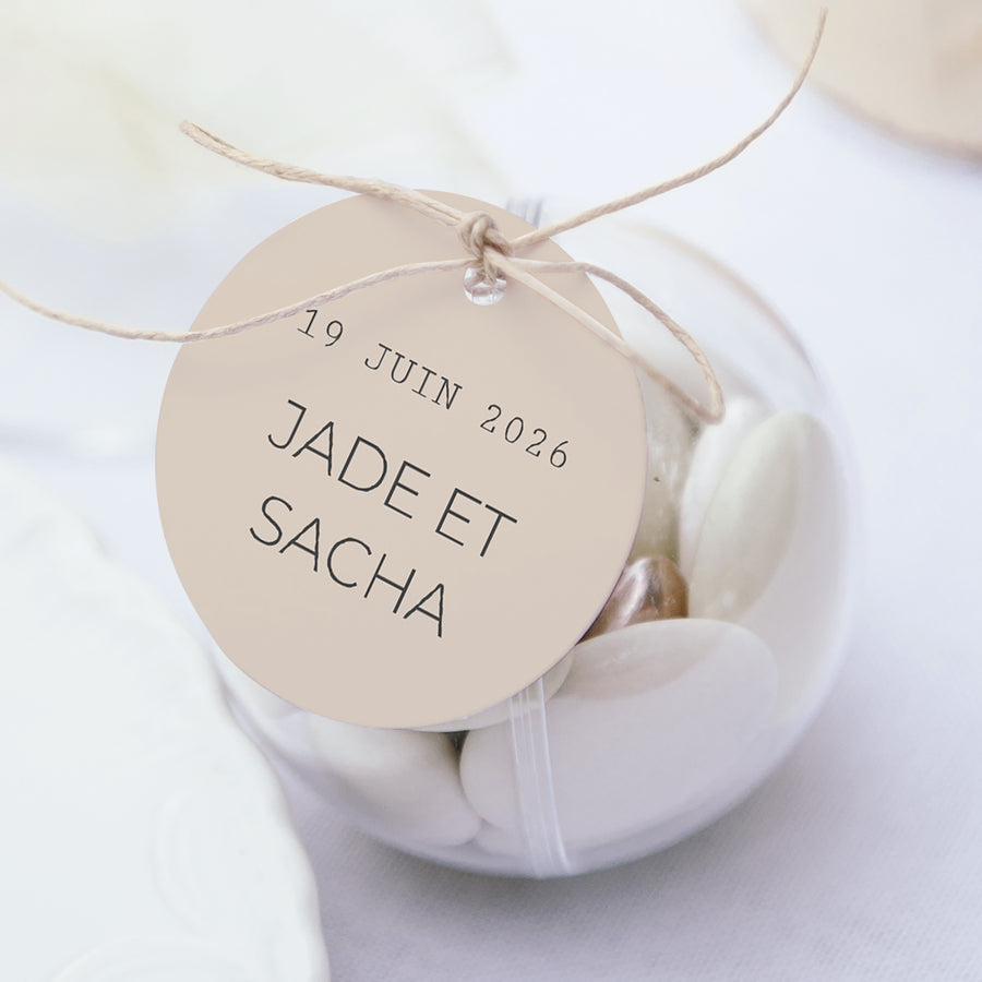 Boîte à dragées Mariage boule avec étiquette ronde Le voyage d'une vie photo