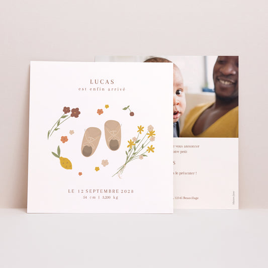 Faire-part Naissance Carré Petits pas au marché photo