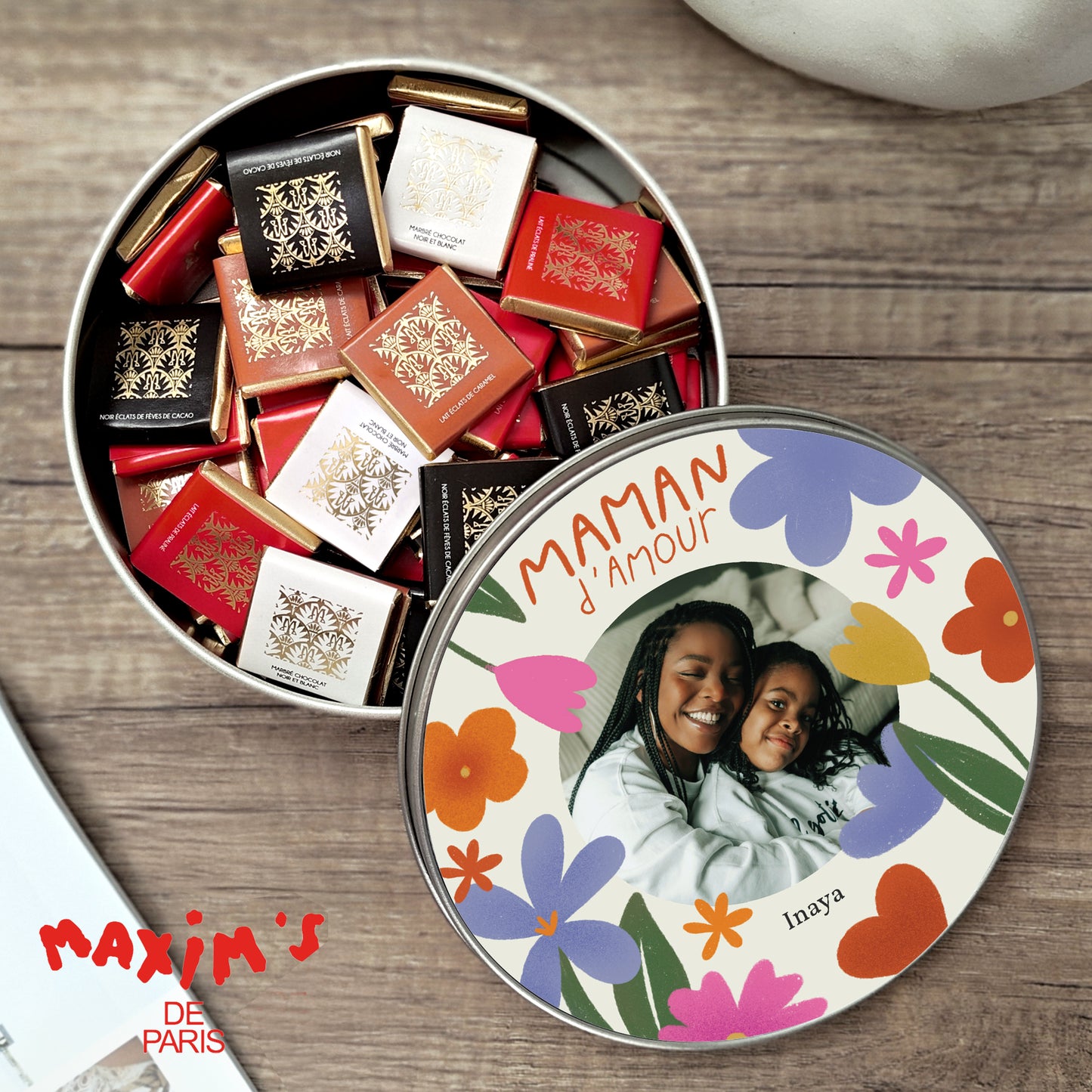 Boite métallique ronde, garnie de chocolats Maman d'Amour II photo N° 1