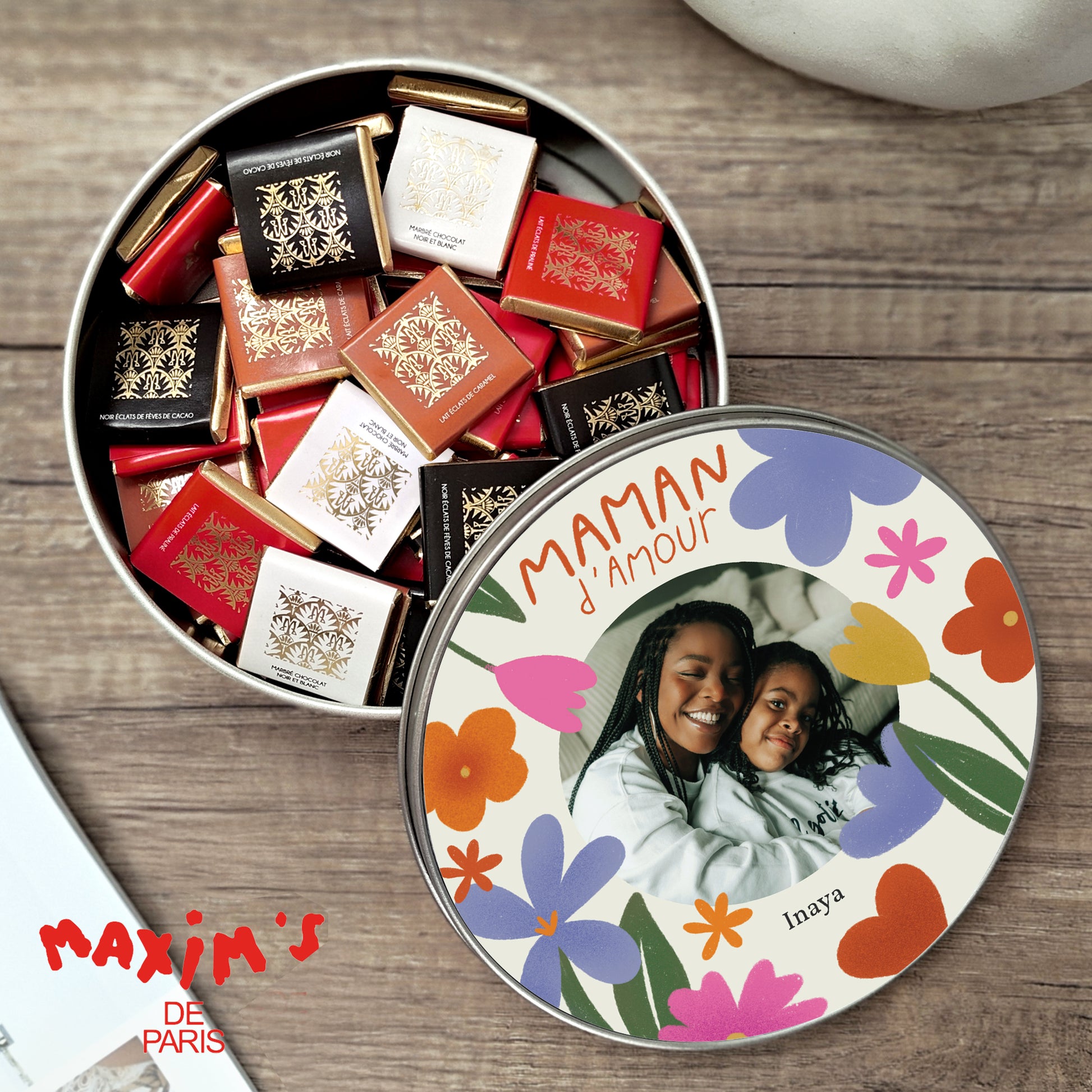 Boite métallique ronde, garnie de chocolats Maman d'Amour II photo N° 1