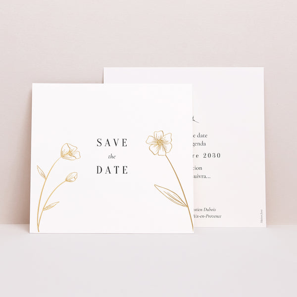Save the date Mariage Carré Encadré fleuri doré photo