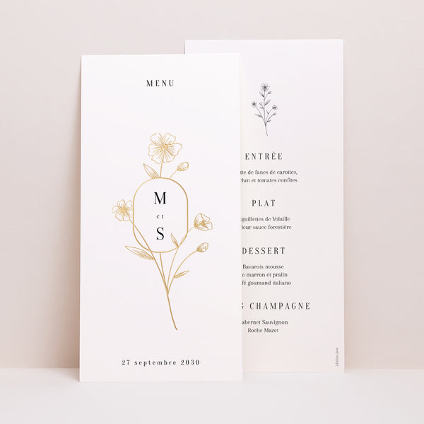 Menu Mariage Panoramique portrait Encadré fleuri doré photo