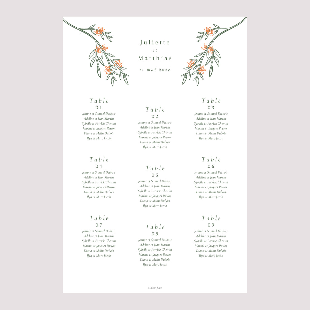 Plan de table Mariage Portrait 60 x 90 cm Encadré végétal II photo N° 2