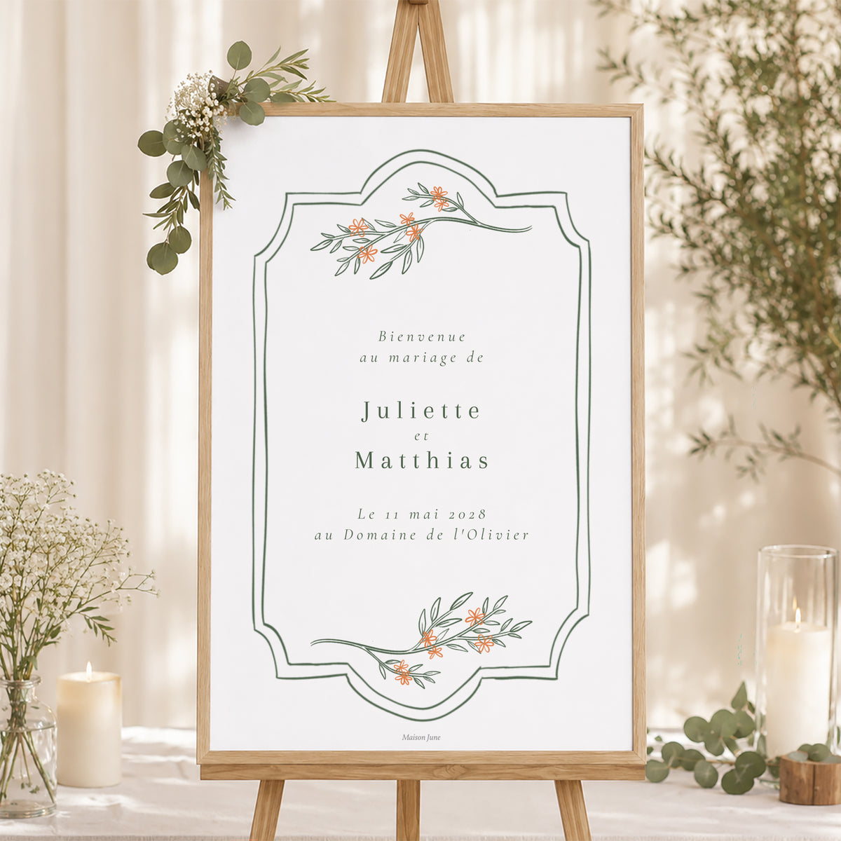 Panneau bienvenue Mariage Portrait 60 x 90 cm Encadré végétal II photo N° 1