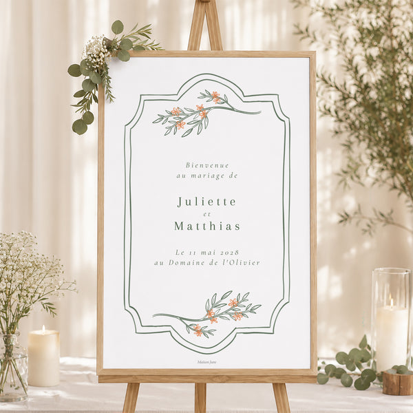 Panneau bienvenue Mariage Portrait 60 x 90 cm Encadré végétal II photo