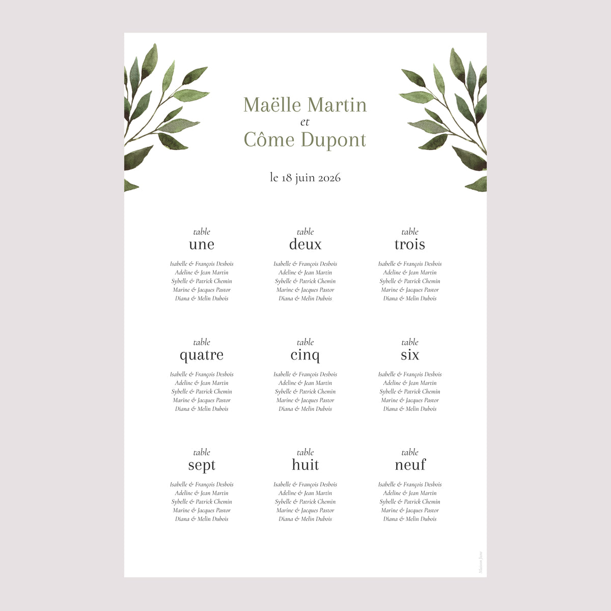 Plan de table Mariage Portrait Ondulation végétale photo N° 2