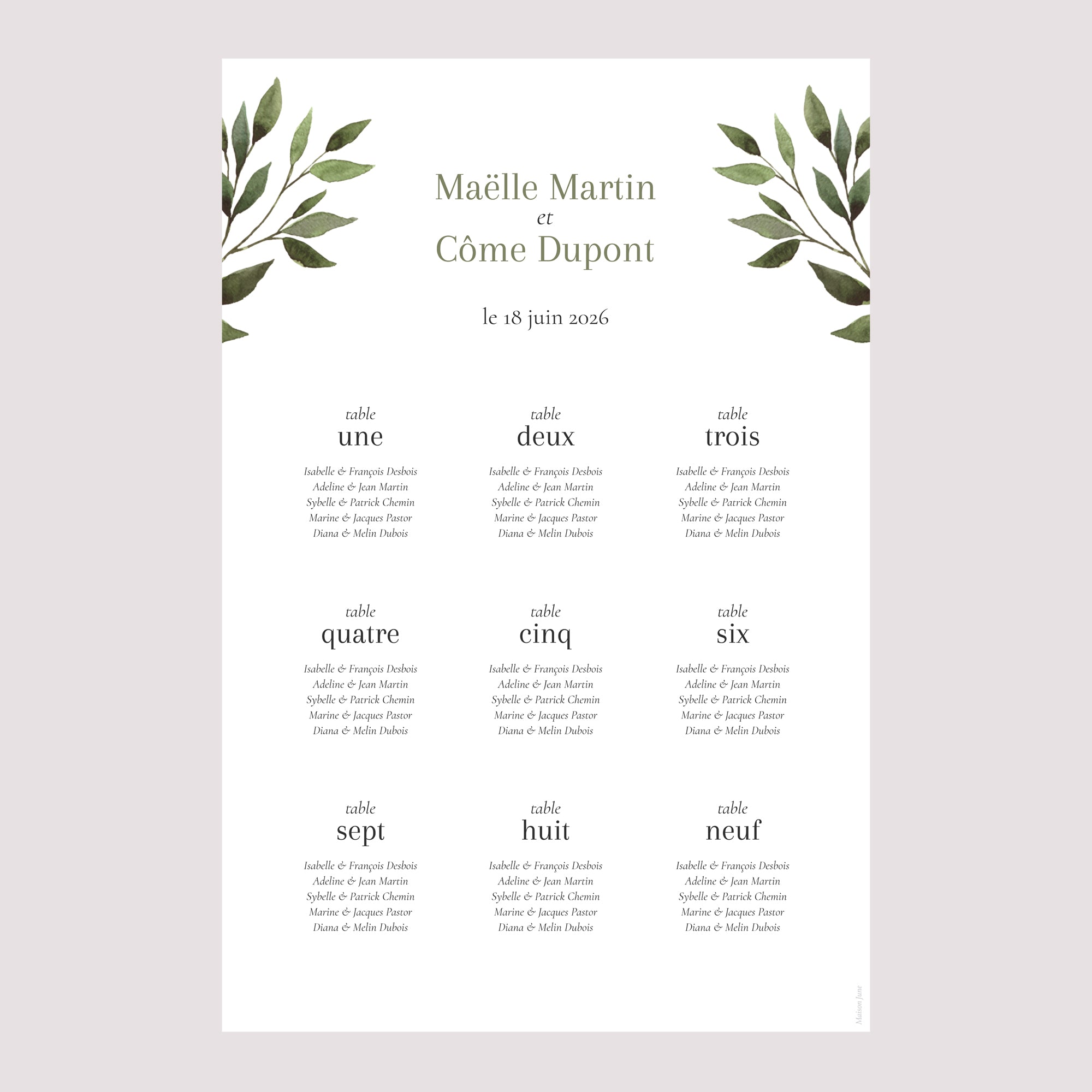 Plan de table Mariage Portrait Ondulation végétale photo N° 2