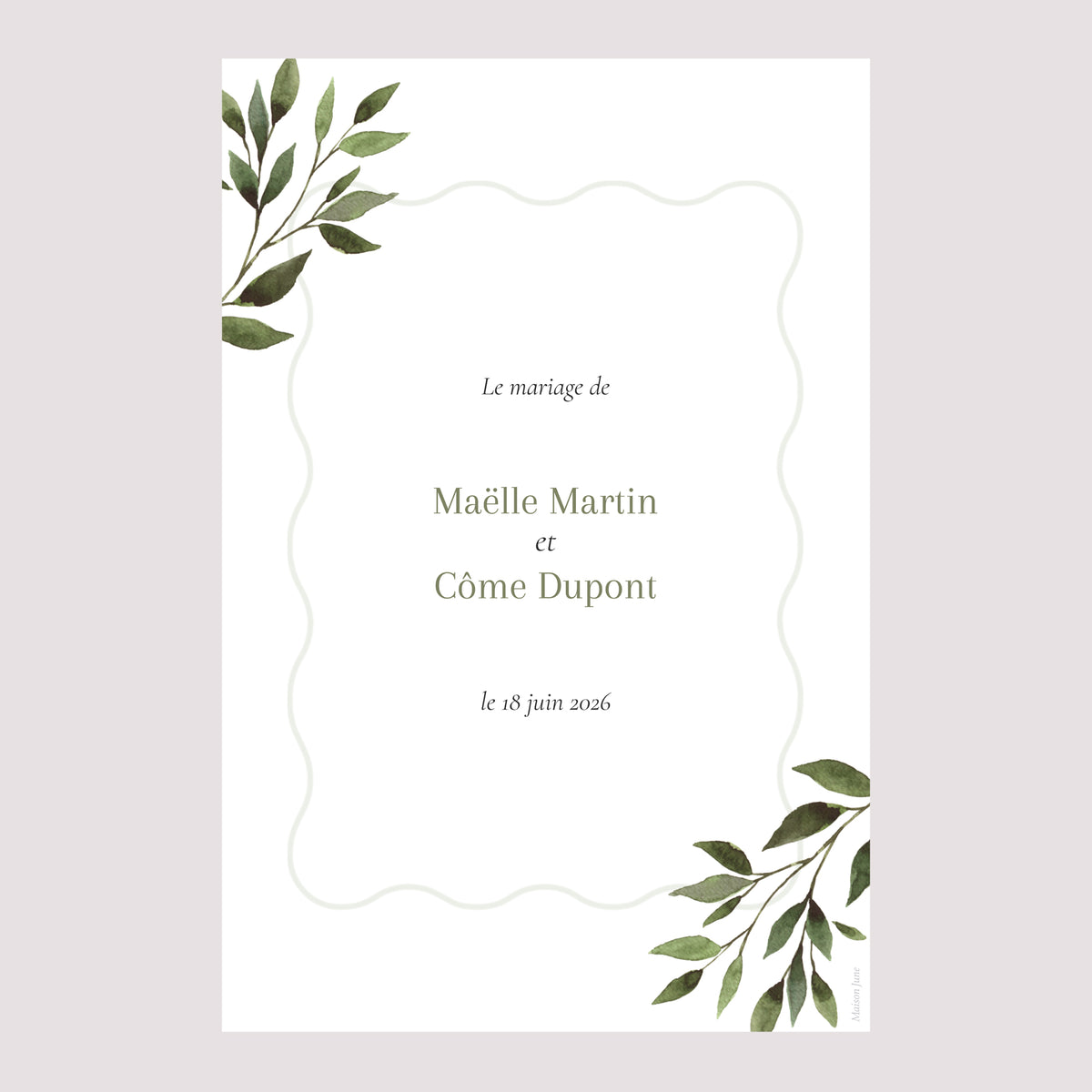 Panneau bienvenue Mariage Portrait 60 x 90 cm Ondulation végétale photo N° 2