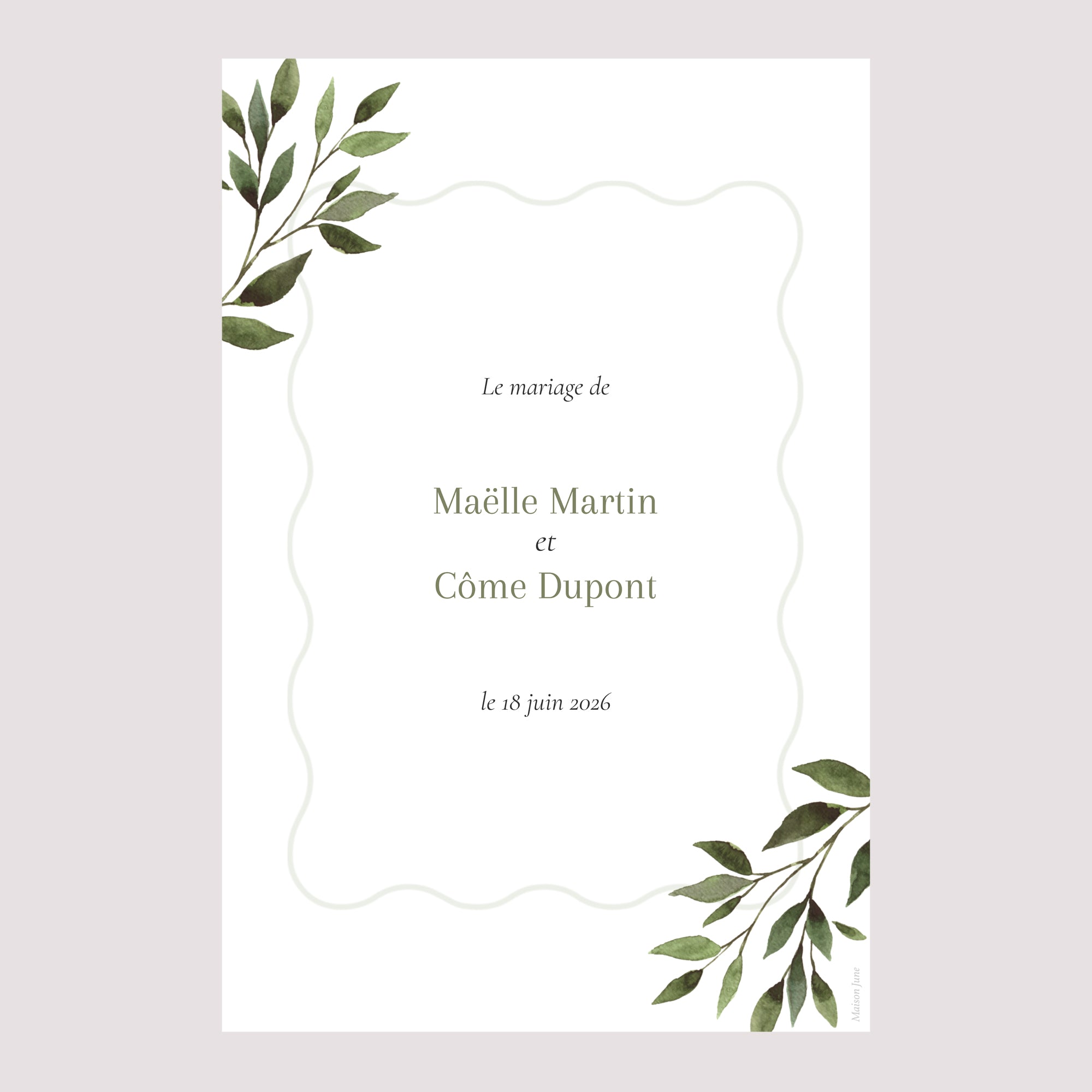 Panneau bienvenue Mariage Portrait 60 x 90 cm Ondulation végétale photo N° 2