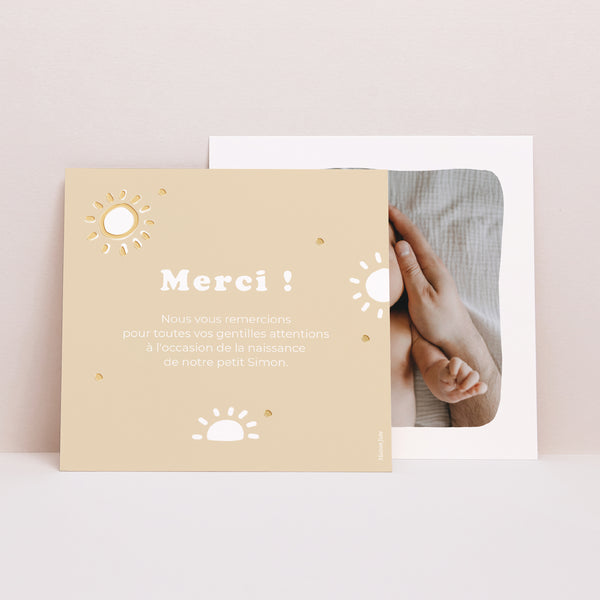 Remerciements Naissance Carré Motif soleil dorure photo