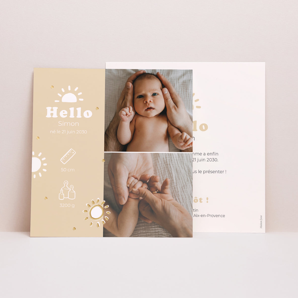 Faire-part Naissance Carré Motif soleil dorure photo