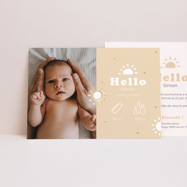 Faire-part Naissance Paysage Motif soleil dorure photo