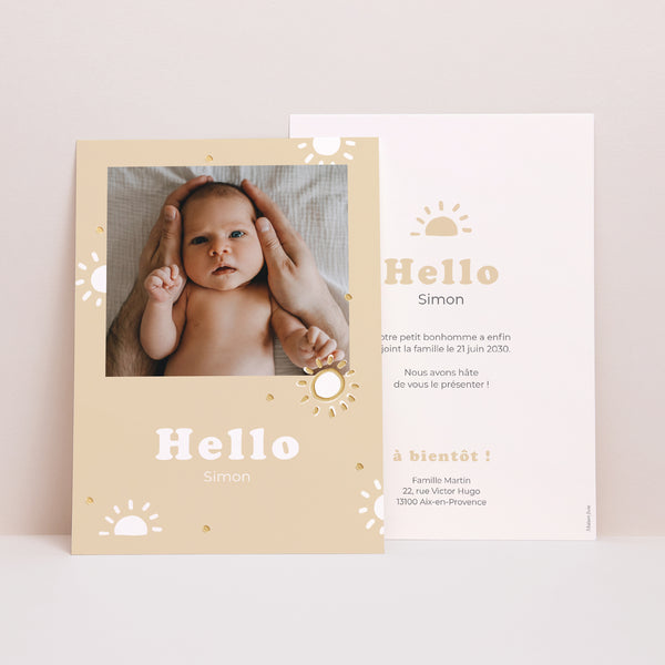 Faire-part Naissance Portrait Motif soleil dorure photo