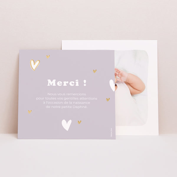Remerciements Naissance Carré Motif cœur dorure photo