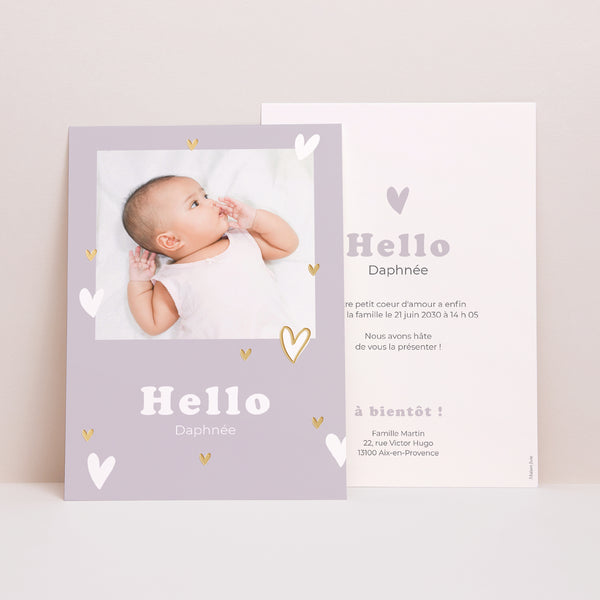 Faire-part Naissance Portrait Motif cœur dorure photo