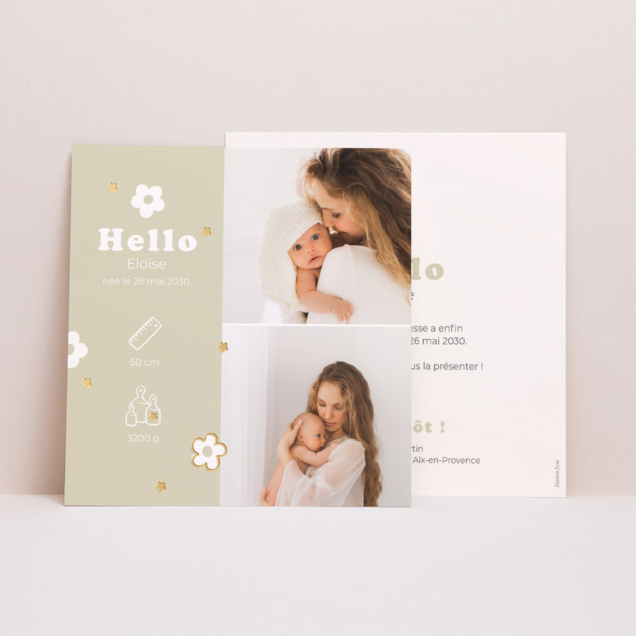 Faire-part Naissance Carré Motif fleur dorure photo
