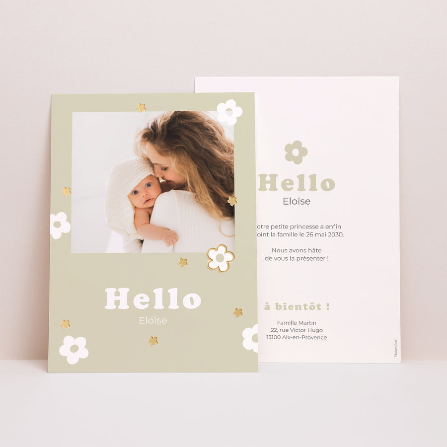 Faire-part Naissance Portrait Motif fleur dorure photo