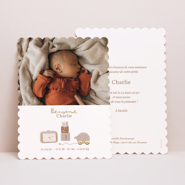 Faire-part Naissance Portrait, bords biscuit Les jouets de bébé photo