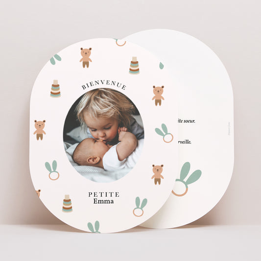 Faire-part Naissance Ovale Doudous et Hochets photo