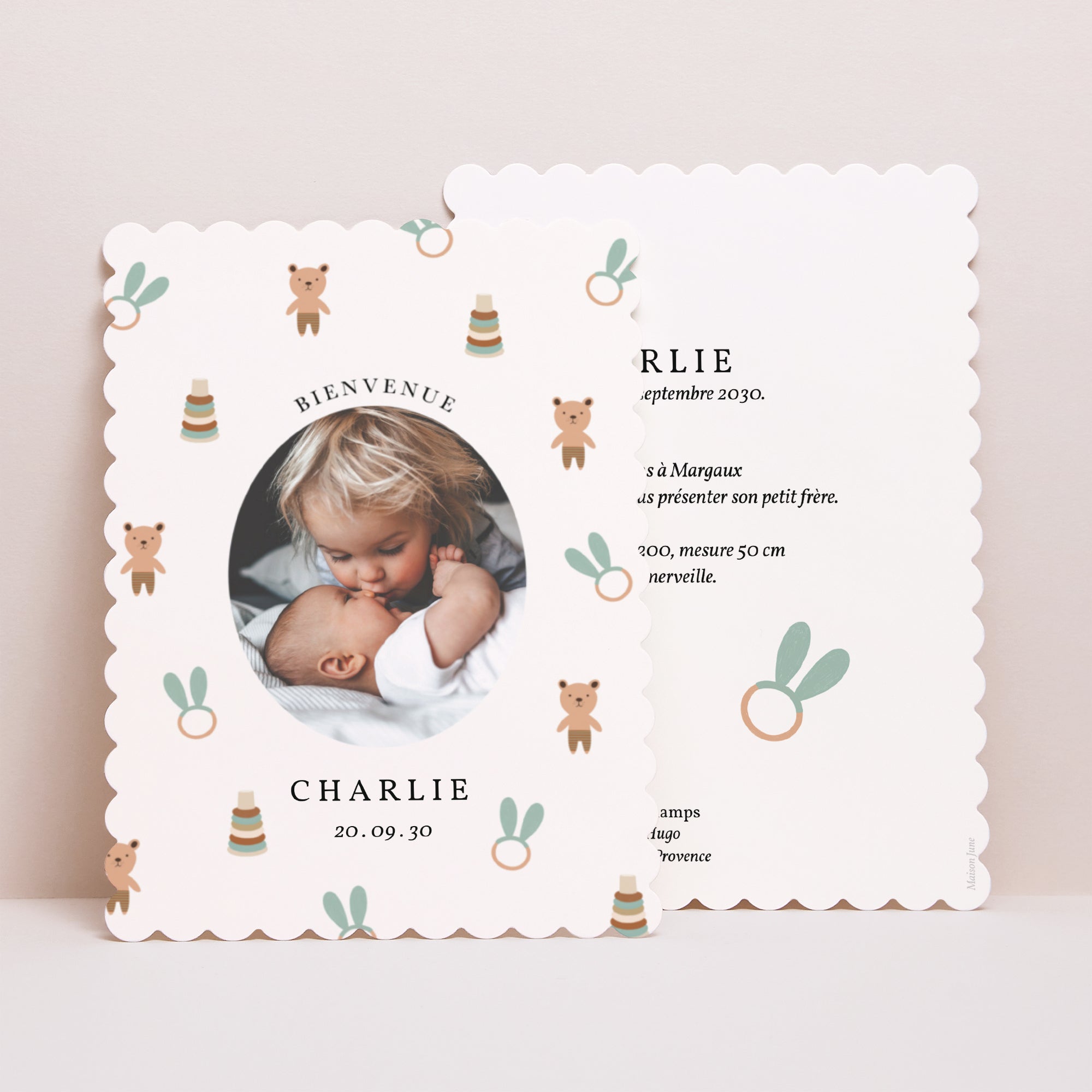 Faire-part Naissance Portrait, bords biscuit Doudous et Hochets photo N° 1
