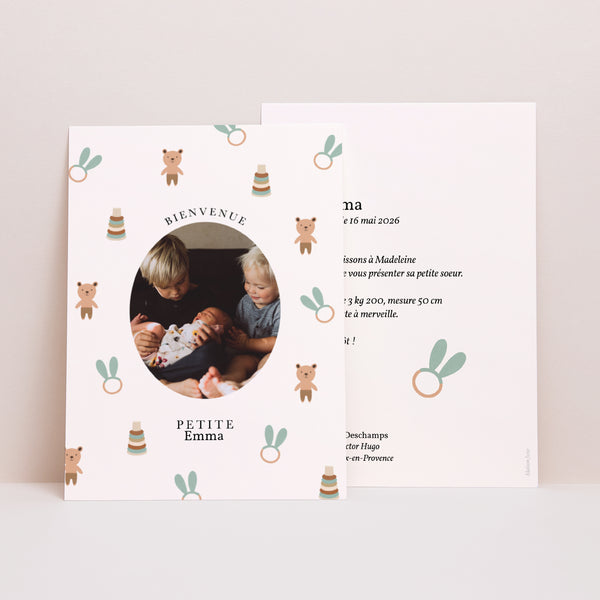 Faire-part Naissance Portrait Doudous et Hochets photo