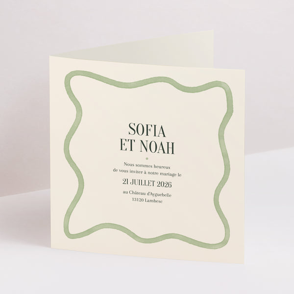 Faire-part Mariage Carré double volet Vagues vertes photo