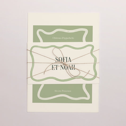 Faire-part Mariage 3 cartes, ruban Vagues vertes photo