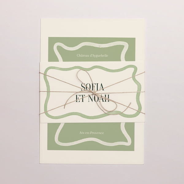 Faire-part Mariage 3 cartes, ruban Vagues vertes photo