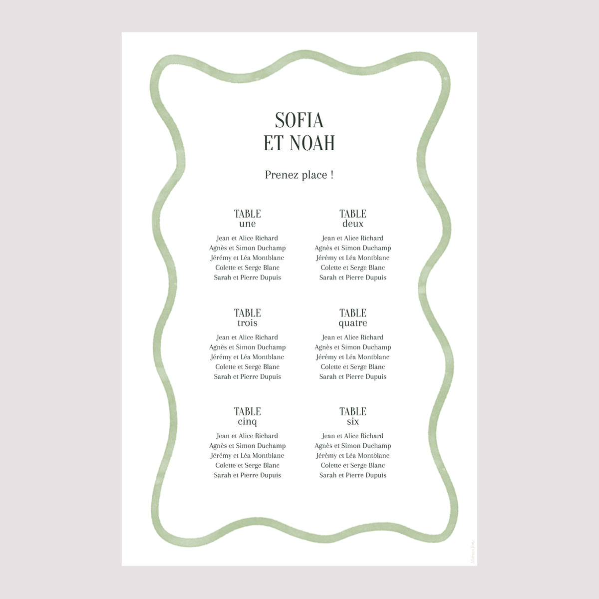 Plan de table Mariage Portrait Vagues vertes photo N° 2