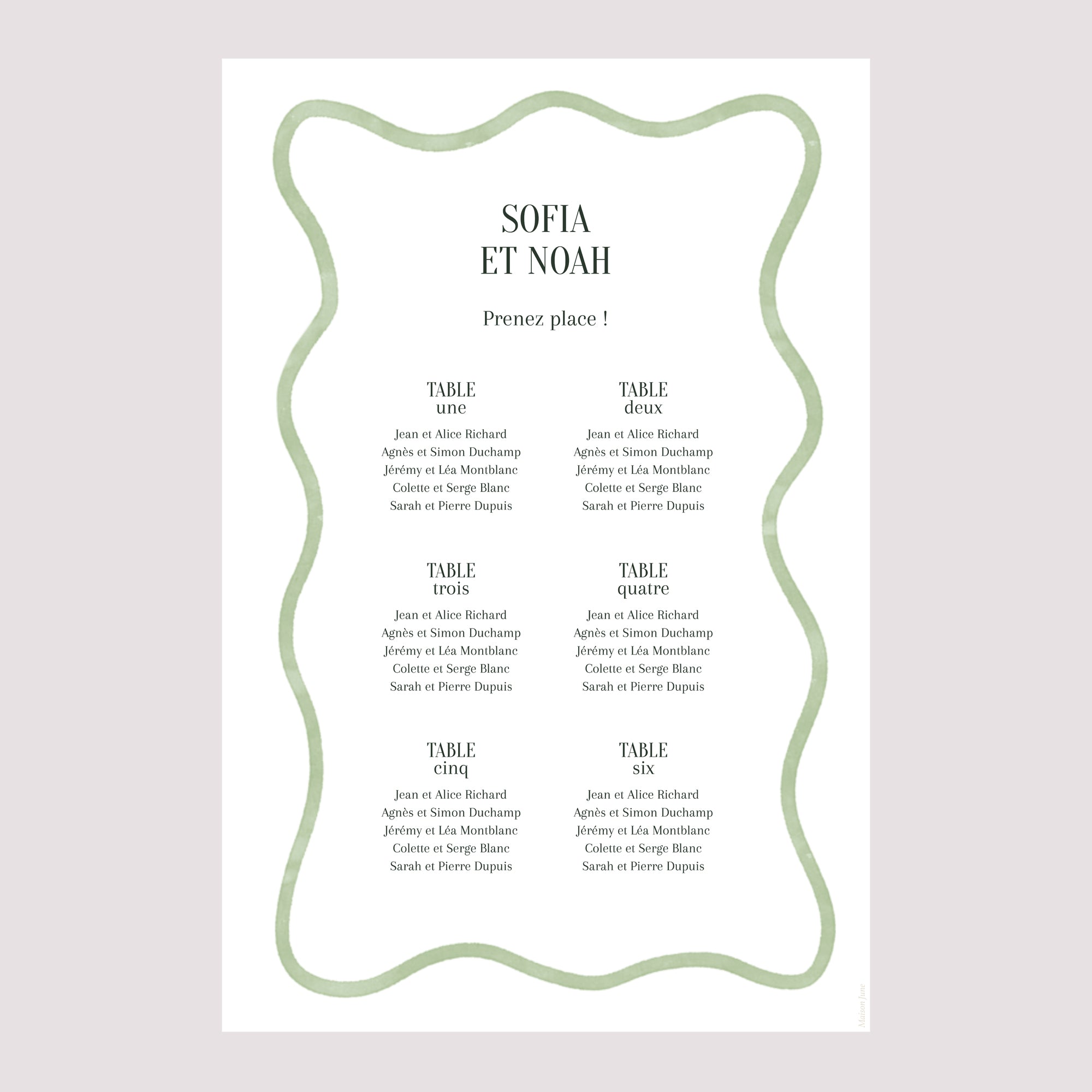 Plan de table Mariage Portrait Vagues vertes photo N° 2